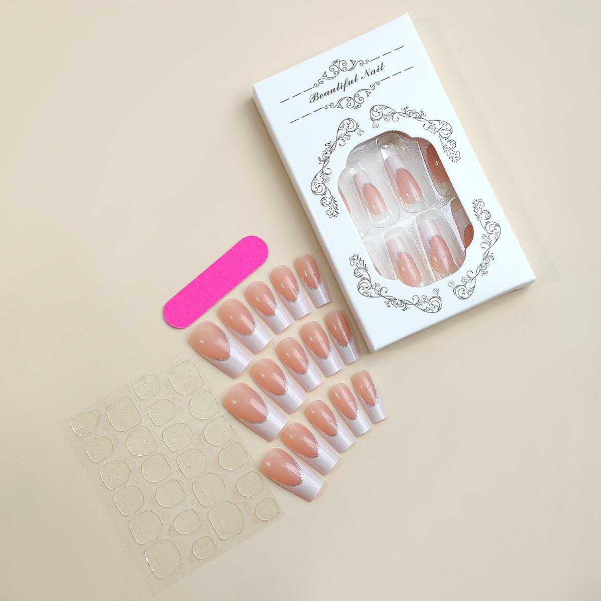 

Прямоугольные французские накладные ногти с дизайном длинной водопроводной трубы