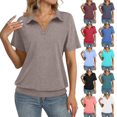 Camisa de Color Casual con Solapa de Manga Corta para Mujer Tops para Mujer