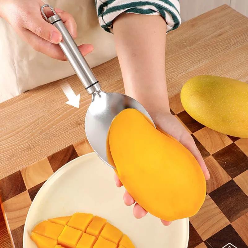 Stainless Steel Mango Slicer Peeler Mango Splitter Fruit Watermelon Cutter Knife Spoon Mango Coring Diced Kitchen Gadget