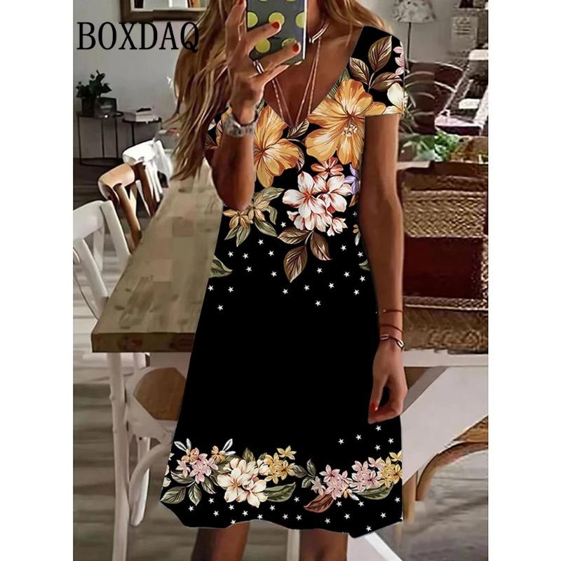 Women's Casual Dress Summer Beach Floral Print V Neck Short Sleeve Dress Fashion Casual Daily Holiday Loose Plus Size Dress