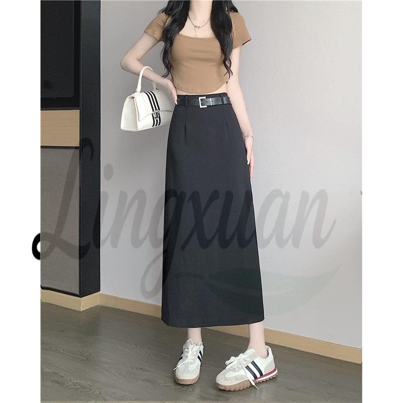 

Plus Size Elastic Waist A-Line Split Skirt with Belt - Autumn/Winter Women s High-End Long Skirt 4XL чорний