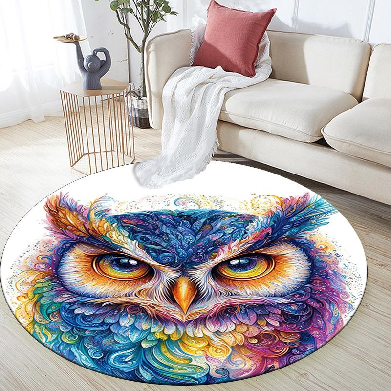 Colorful Owl Round Area Rug,Carpet Rug for Living Room Bedroom Sofa Playroom Decor,Non-slip Floor Mat