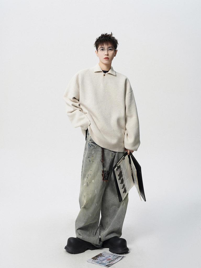 Men's Trendy High-End POLO Collar Sweater - Solid Color Knitwear for Spring & Autumn, Versatile American BF Couple Style