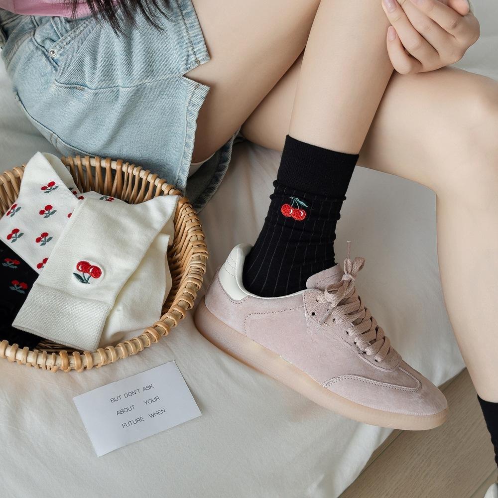 Embroidery Cherry Women Socks Japanese Fashion Knitted Cotton Black White Long Socks Women Sweet Girl Lolita Kawaii Ruffle Socks