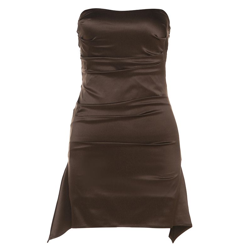 

# Sisjuly# American Retro Pure Desire Sexy Wind Asymmetrical Ruched Stylish Tight-Fitting Cinched Dress Female Brown S