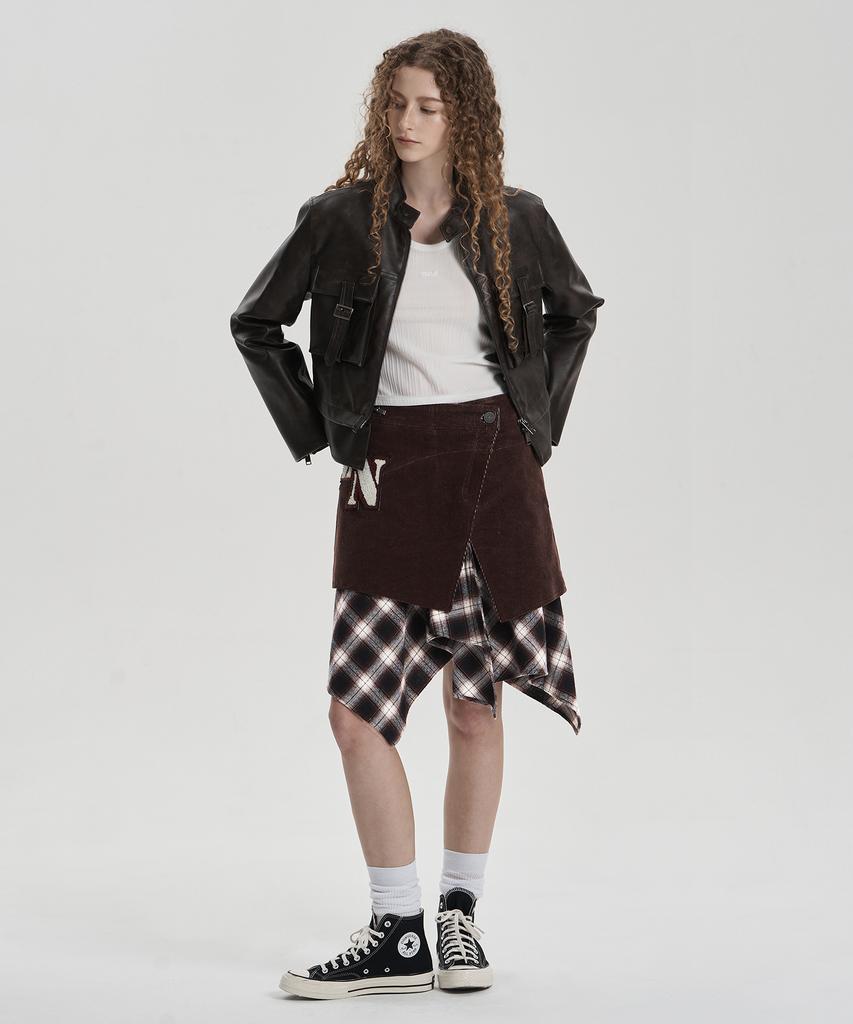 Jenyujeu Layers Corduroy Check Skirt - Brown