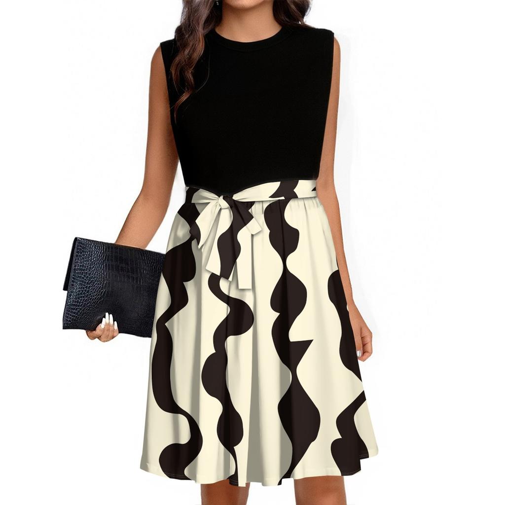 Women's Fashion Casual Lace-up Sleeveless Round Neck Splicing Short Dress