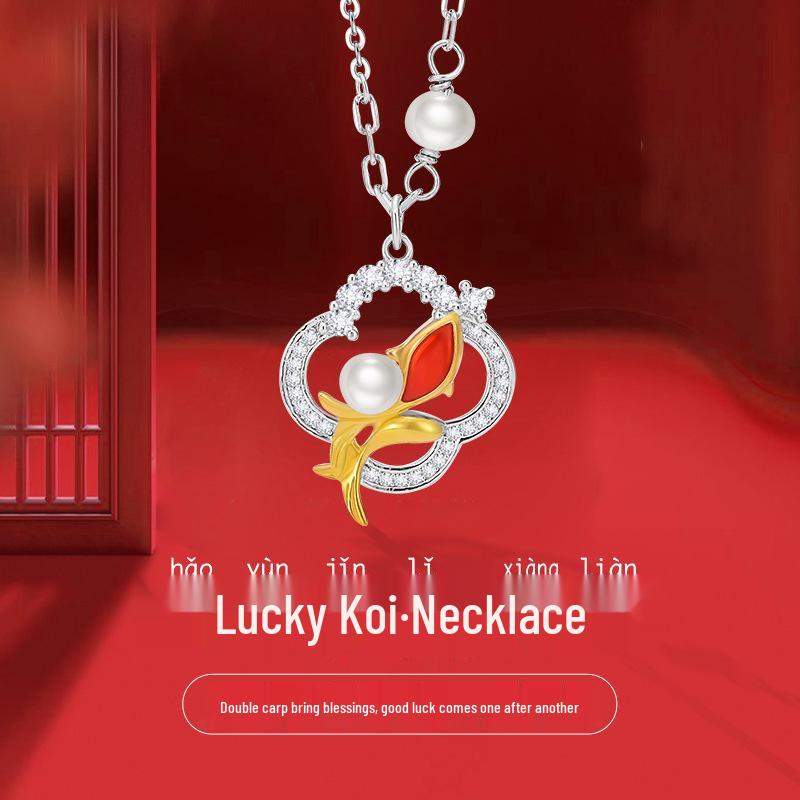 

Women s S925 Silver Pearl Choker with Four-Leaf Clover & Koi Fish Design