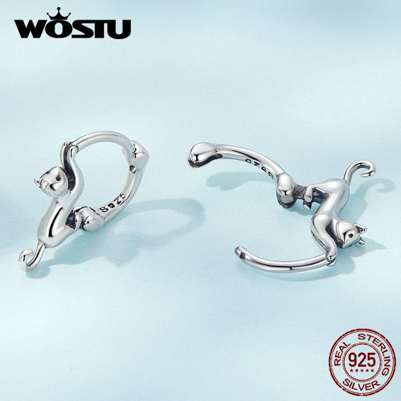 WOSTU Authentic 925 Sterling Silver Delicate Cute Cat Earrings for Women Jewelry Gift