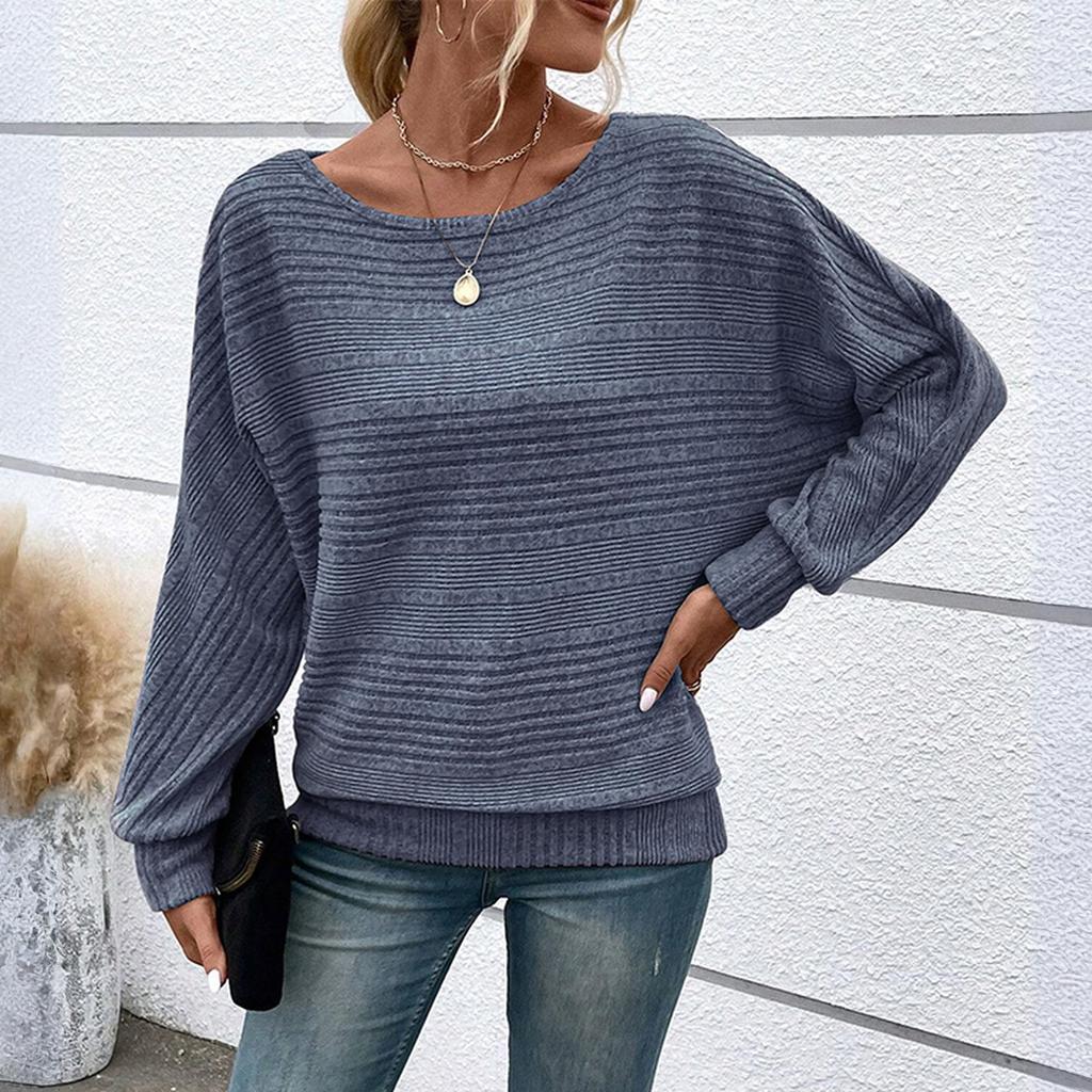 Women's Fashionable Solid Color Round Neck Long Sleeved Casual Pullover T-shirt Top