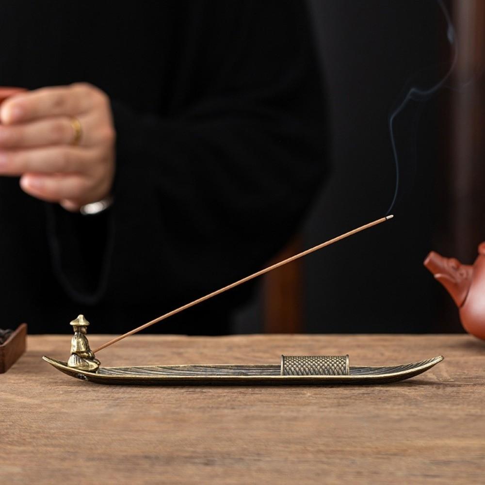 Creative Boat Shape Incense Holder Metal Old Men Fishing Incense Censer Sturdy Zen Style Aromatherapy Ornament Living Room