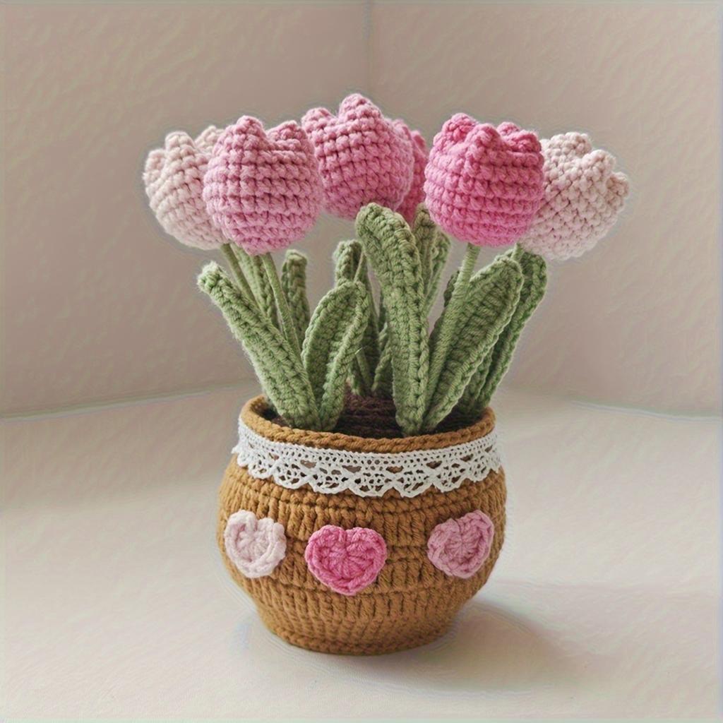 Handcrafted Crochet Tulips In Pot Dashboard Ornament Everlasting Fabric Flowers Bonsai Arrangement Vehicle Decor Accessory Handmade Yarn Potted