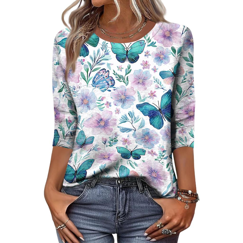 Women’s Crew Neck 3/4 Sleeve Casual Top with Floral Print Lightweight Pullover Loose Fit Blouse for Everyday Wear