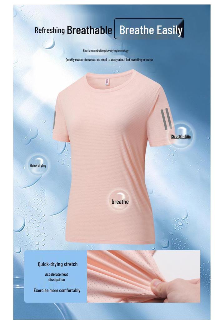 Couples' Quick-Dry Ice Silk T-Shirt - Breathable, Solid Color, Three Stripes, Round Neck, Perfect for Outdoor Running and Sports