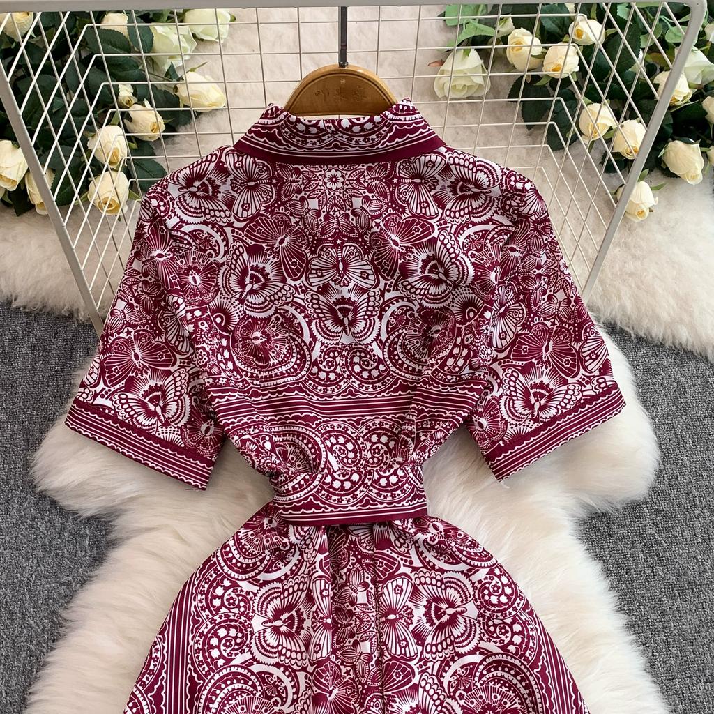 Summer Vintage Designer Print Runway Dress Women Fashion Turn-down Collar Single Breasted Party Shirt Lace-up Dresses