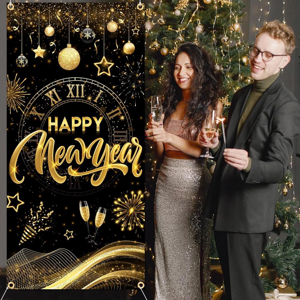 New Years Decorations 2026 Door Cover, Black and Gold Happy New Year Door Banner NYE Front Porch Hang Door Cover, NYE Door Banner for New Year Eve