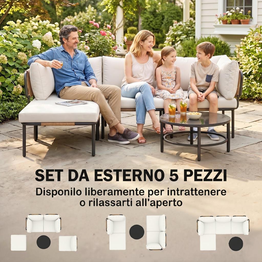 Garden Set 5 Pieces, Modular L Rattan with Cushions, Khaki Color