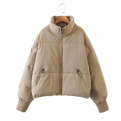 Fall Winter Women Cotton Liner Short Bread Parka Jacket Coat with Stand Collar Solid Color Preppy Style Zipper Pockets Oversize XS-L