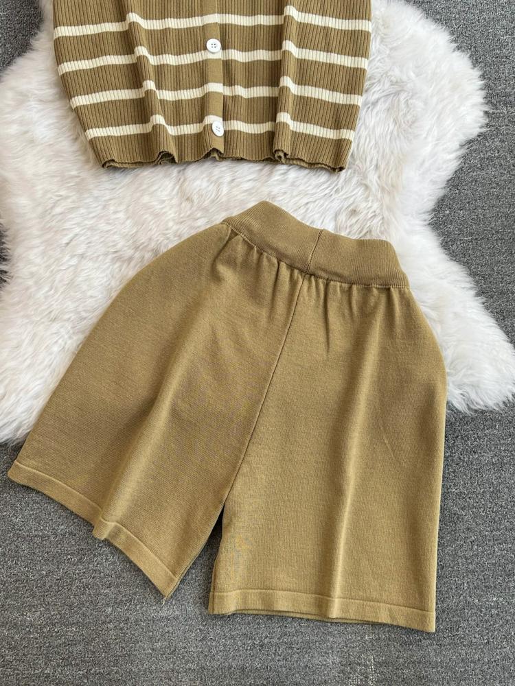 Summer Women Casual Knitted Sweater Pant Set Single Breasted Striped Tops and Shorts Chic Student Two Piece Suit