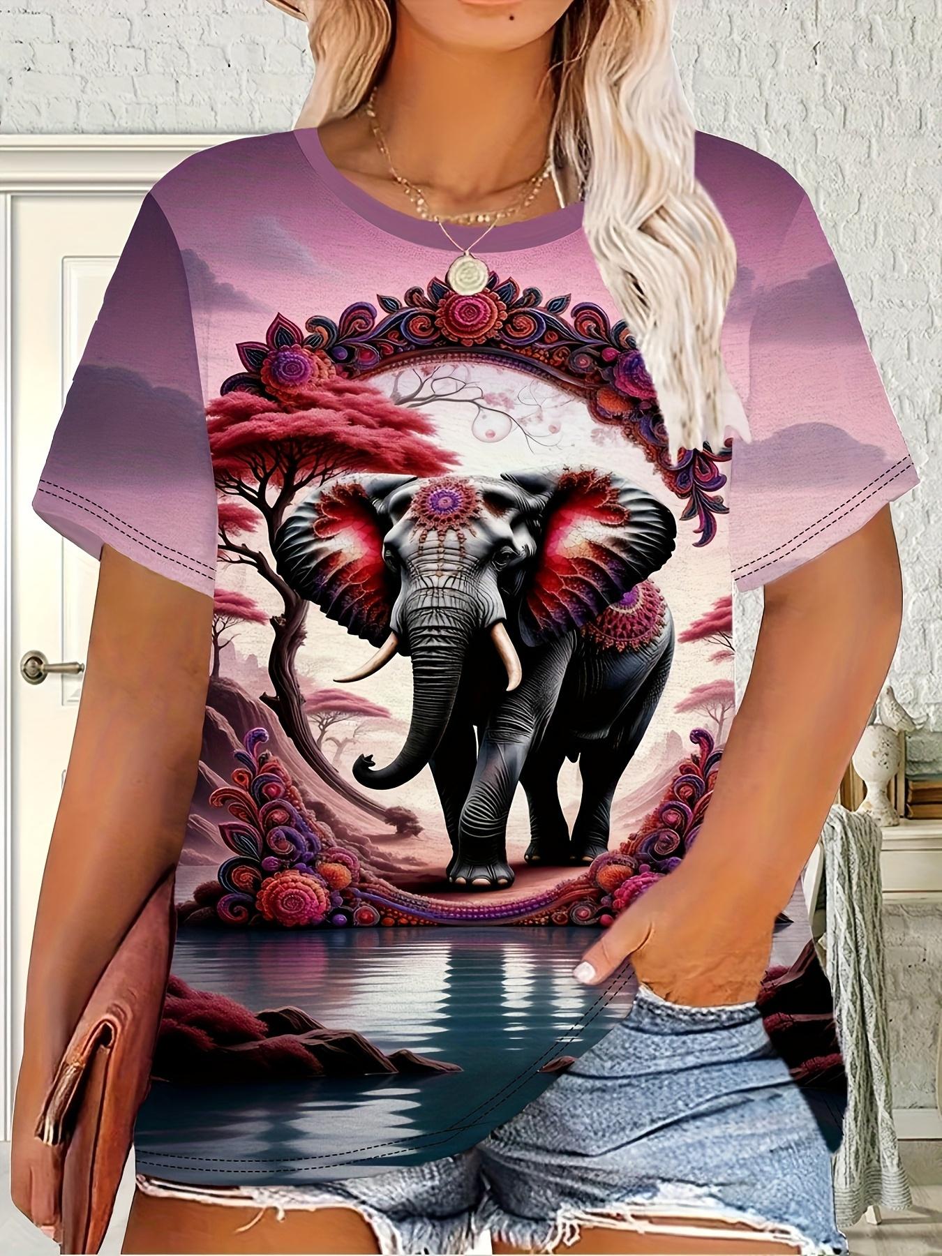 

Women s Bohemian T-Shirt - Purple Elephant Mandala Print Loose-Fit Summer Top. Casual Blouse Suitable for Casual Attire. Machine Washable Gift for Ele 2XL