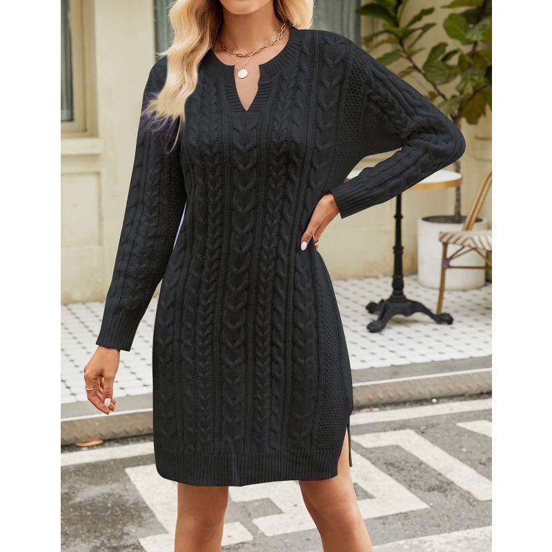 Women's Autumn/winter Twisted Flower Medium Length Solid Color Split Loose Pullover V-neck Sweater Dress