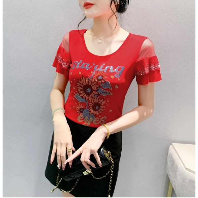 Summer Streetwear Girl Shiny Bling Rhinestone Floral T-shirt Sexy Off Shouler Short Sleeve Tops New Chic Women Elastic Slim Tees
