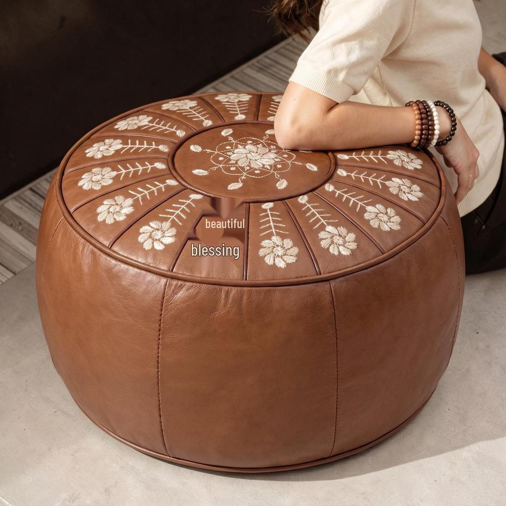 Nordic Embroidered Leather Ottoman: Large-Capacity Round Storage Stool for Living Room