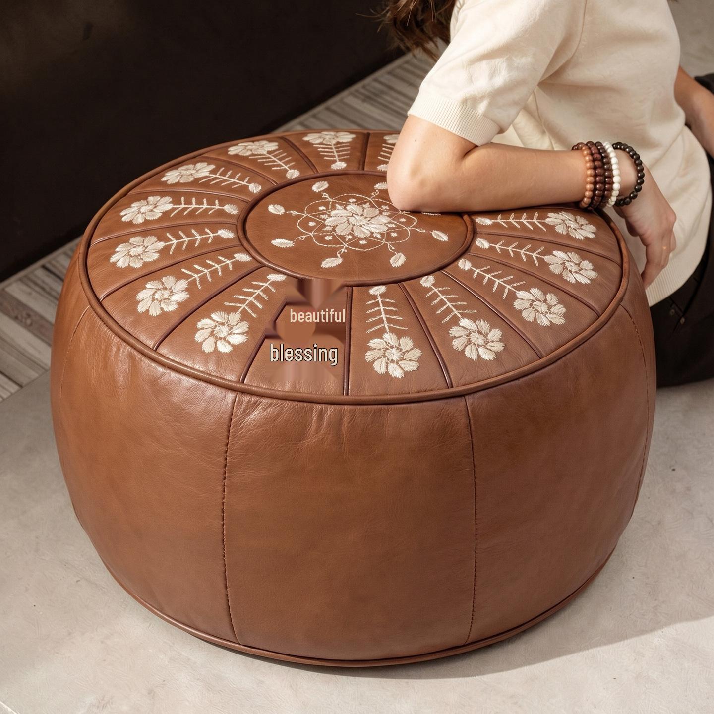 Nordic Embroidered Leather Ottoman: Large-Capacity Round