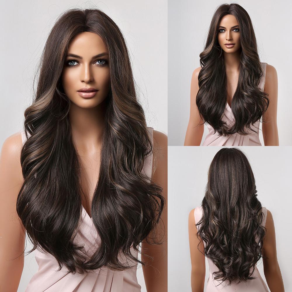 ALAN EATON Long Water Wave Wig Middle Part Red Brown Orange Copper Heat Resistant Synthetic Hair Wigs for Women African American