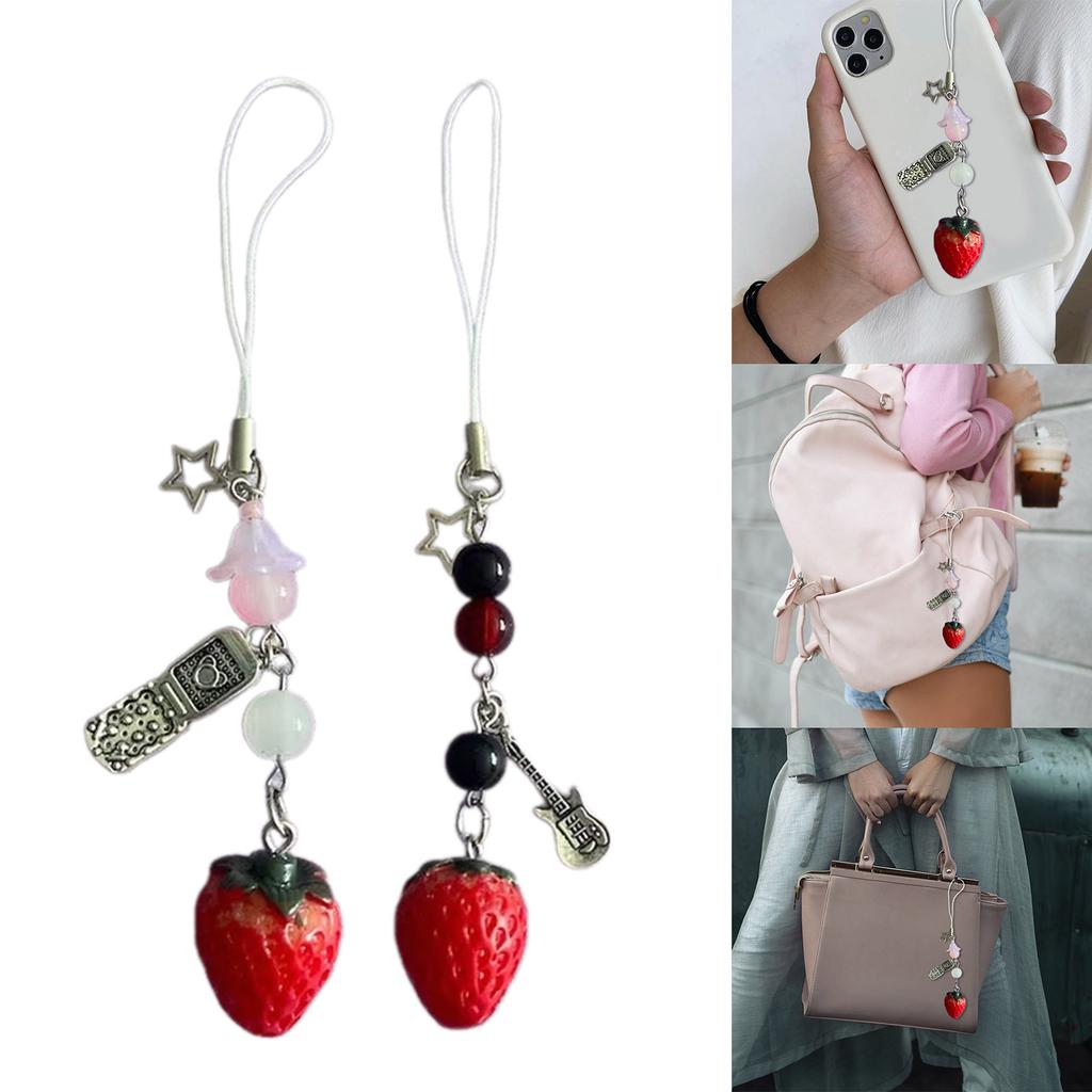 Strawberry Cellphone Chain Colorful Phone Charm Handmade Detachable Phones Lanyard Pendant Keychains for Wallet Bag