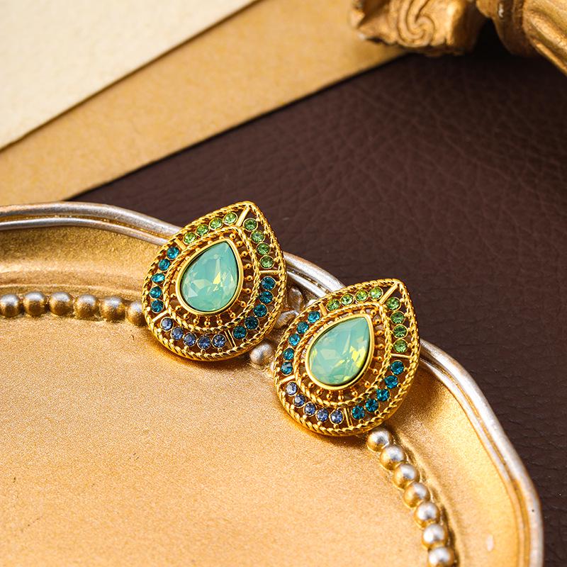 

Французские ретро серьги-капли с цветными драгоценными камнями золотой