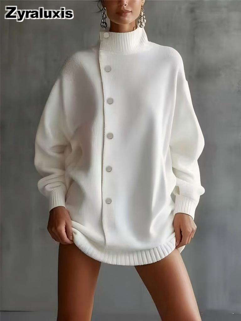 Nouveau Cardigan Long Tricoté à Col Haut pour Femmes Mode Automne Hiver Tendance Réduisant l'Âge Lâche Vêtement d'Extérieur