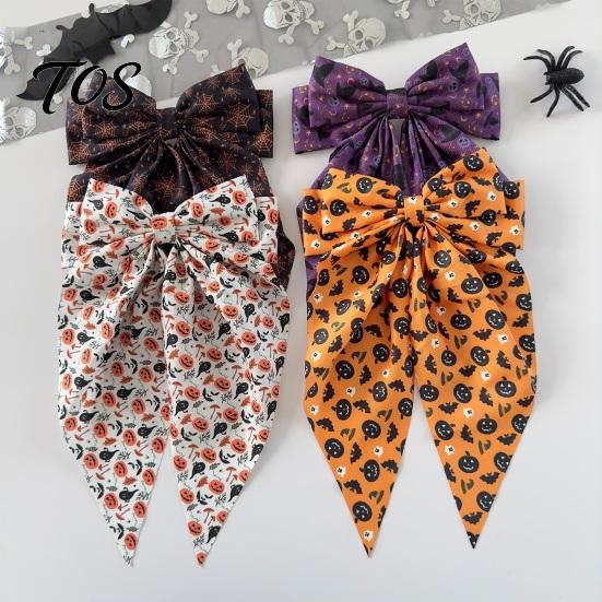 Halloween Bow Accessory Silky Satin Hair Bows, Big Ribbon Clips, Oversized Long Tail Barrettes, Hairpin Cute Pumpkin Ghost Witch Hat Spider
