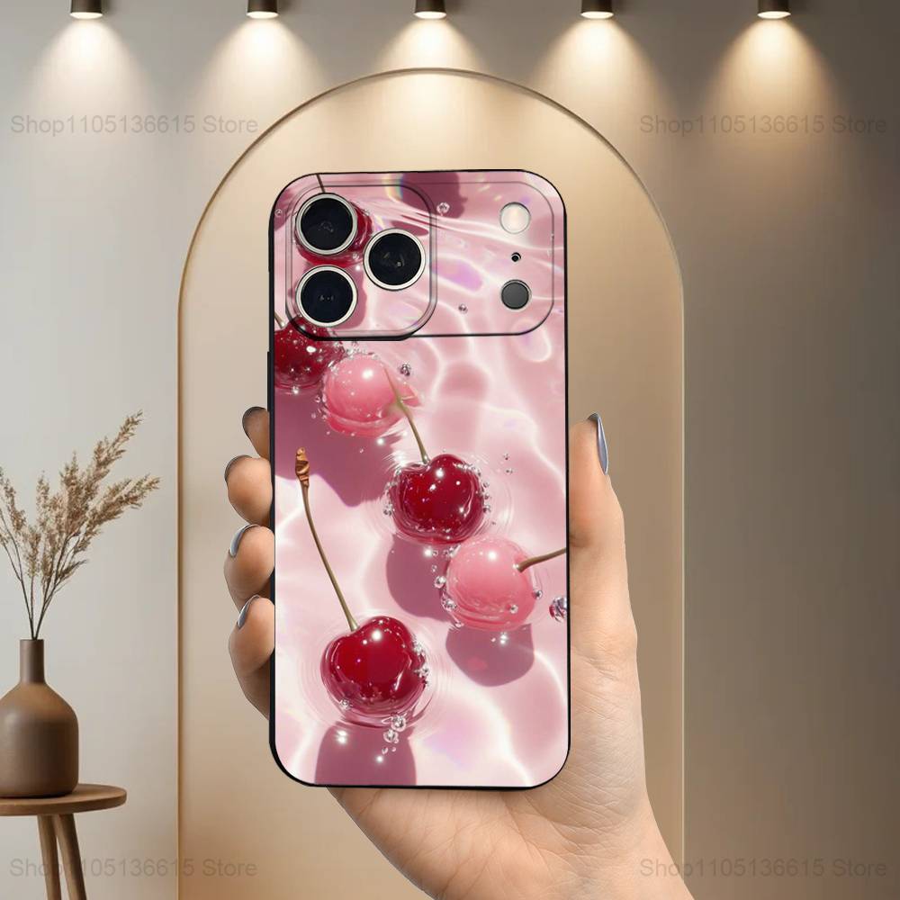 

Cute Cherries Pink Fruit Case For iPhone 15,16,12,14,17,13,11,Plus,Pro Max,8,7,XR,SE,XS,X,Mini,Soft Silicone Black iPhone12mini