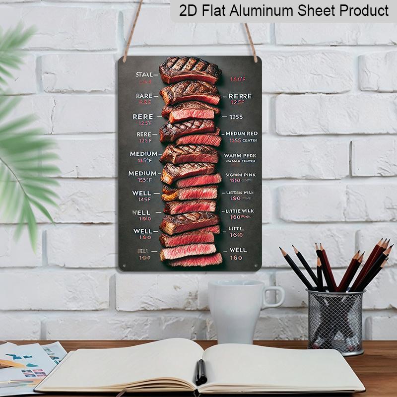 2D Flat, Vintage Beef Doneness Chart Metal Sign - Steak Guide with Rare, Medium Rare, Medium, Medium Done - Aluminium Retro Wall Art Suitable for