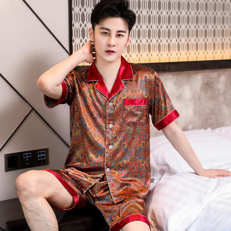Pajamas Suit Men Summer Ice Silk Short Sleeved Long Pants Thin Male Satin Sleepwear Youth Homewear Set Gentlemen