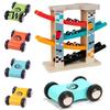 Wooden Four Track Glider Toy Ramp Racer Car Toy, 4 Numbered Mini Cars And Parking Lot Sturdy Design, Development Hand-eye Coordination Race