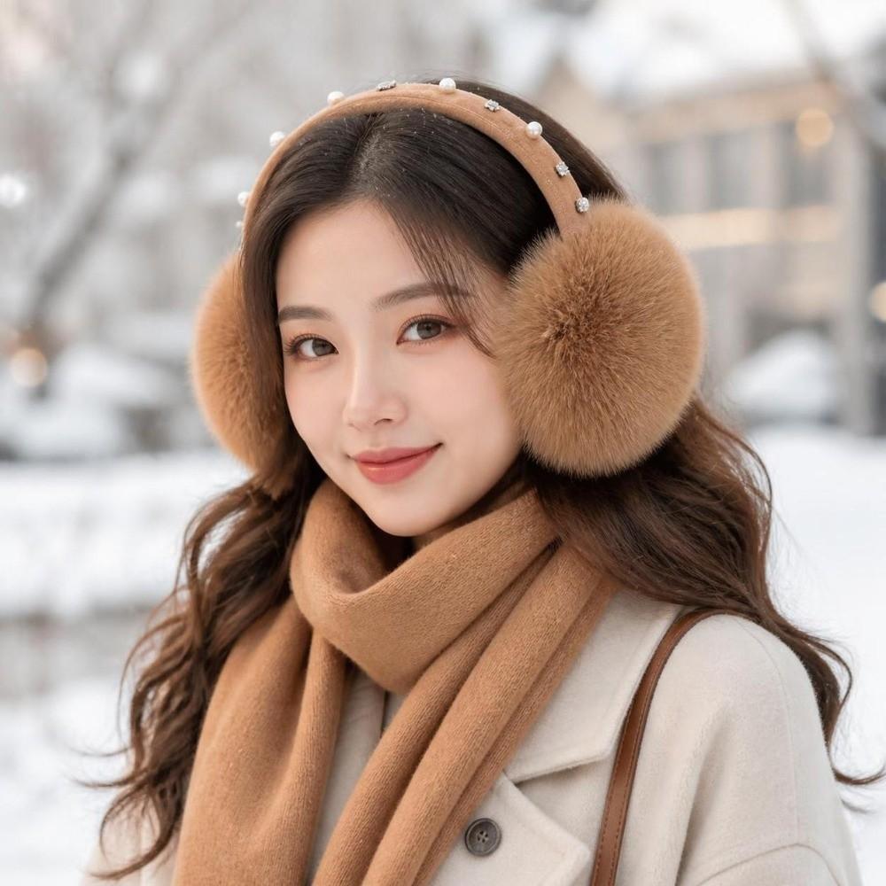 Plush Faux Fur Earmuffs Pearl Rhinestone Decor Soft Fluffy Earmuffs New Winter Ear Warmers  Outdoor