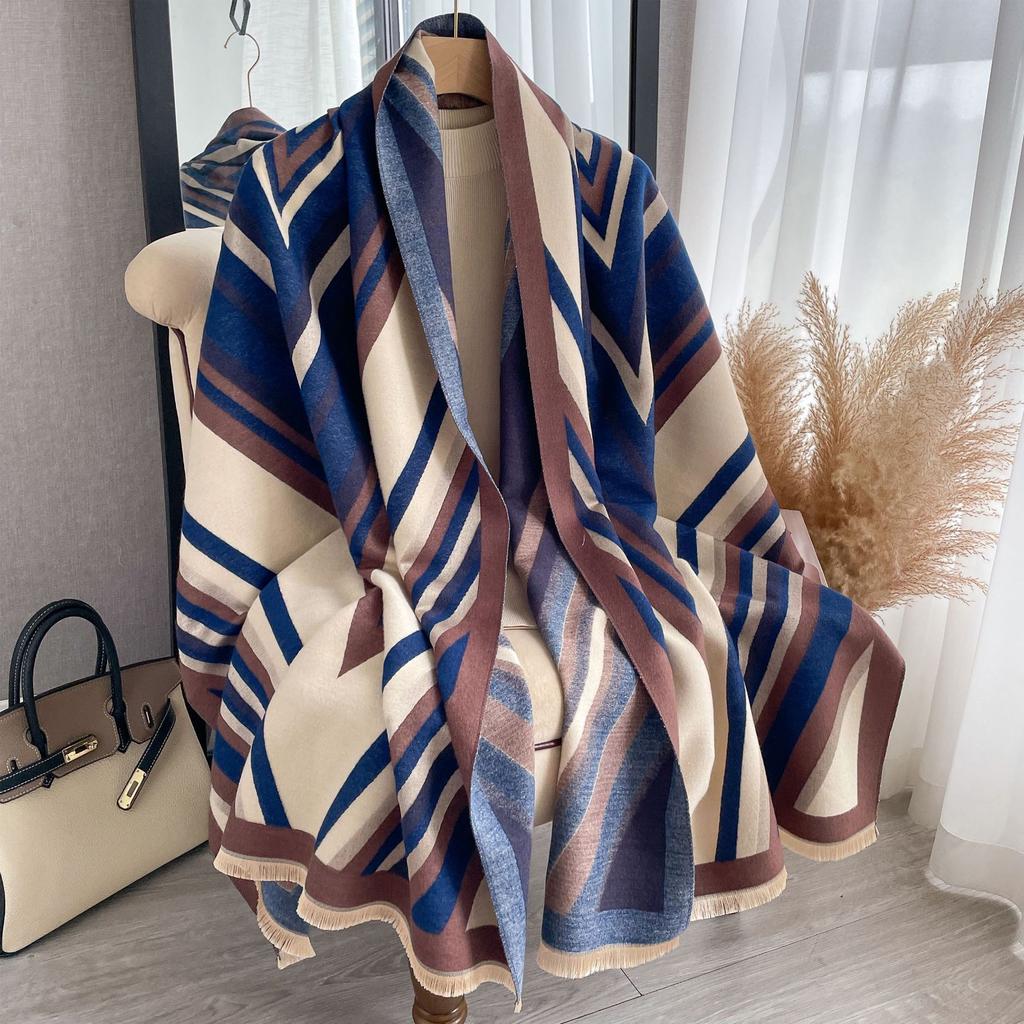 Imitation Cashmere Scarf Women'S Stripe Warm Scarf Air-Conditioned Room Shawl Double-Sided Multi-Purpose Factory