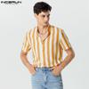 INCERUN Herren Sommer Reverskragen Kurzarm Gestreifte T-Shirts Knöpfbare Hemden Tops