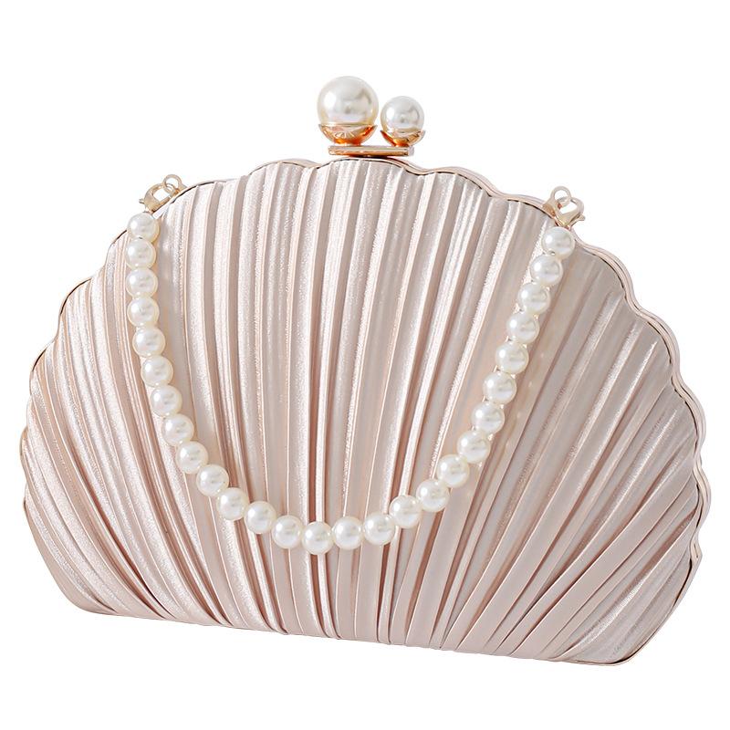 Evening Bag For Women Mini Pleated Seashell Clutch Handbag Purse Chain Strap Crossbody Shoulder Bag For Wedding Prom Party
