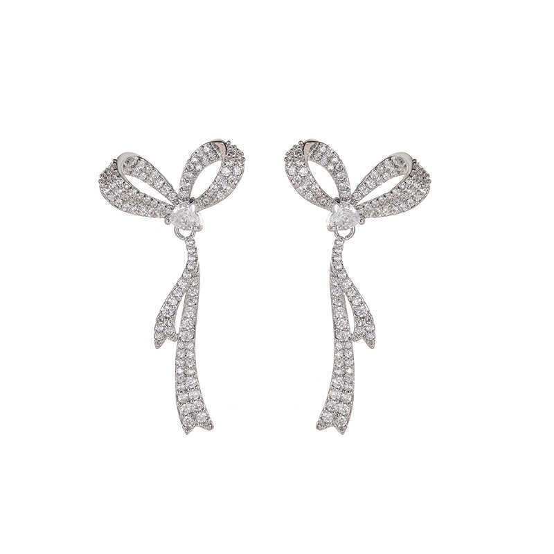Thousand Gold Temperament Bow Earrings Light Luxury High-End Unique Earrings Super Flash Full Diamond Niche Temperament Earrings Women