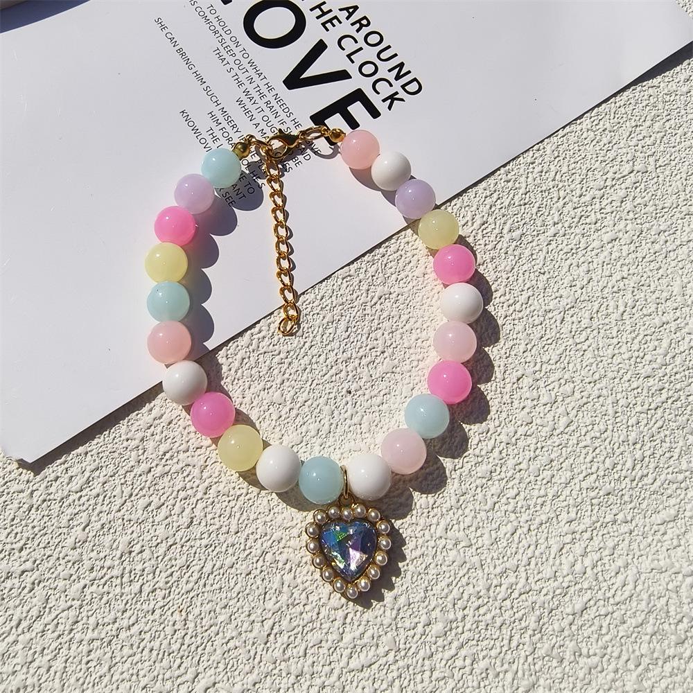 Personalized cat and dog pet handmade necklace collar beaded rhinestone heart cute pearl pendant accessories princess style