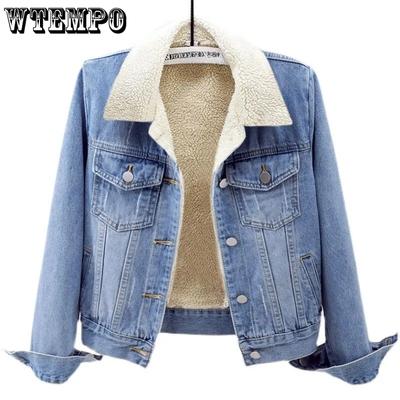 Fleece Warm Winter Jean Jacket Female Pockets Button Soft Warm Outerwear Fashion Slim Denim Coats for Women
