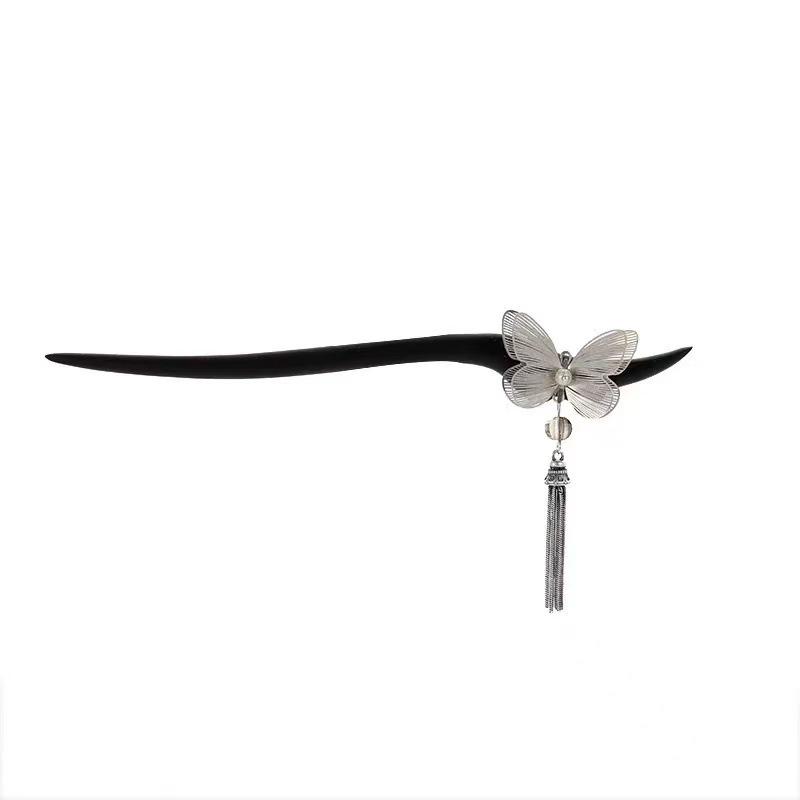 Elegant Silver Butterfly Tassel Hairpin - Modern Minimalist Design