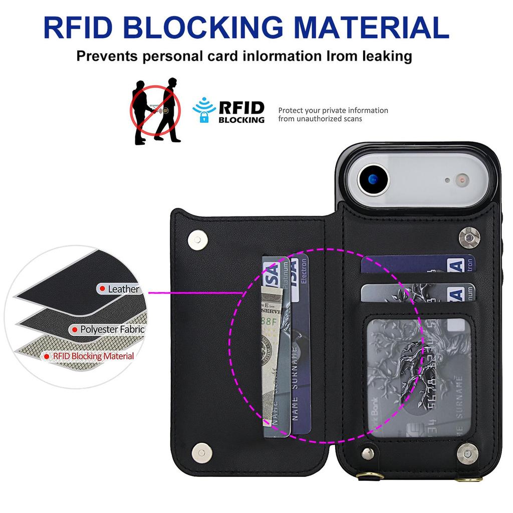 iPhone 17 Pro Max Crossbody Leather Wallet Case with Card Slots & Double Buckle Zipper
