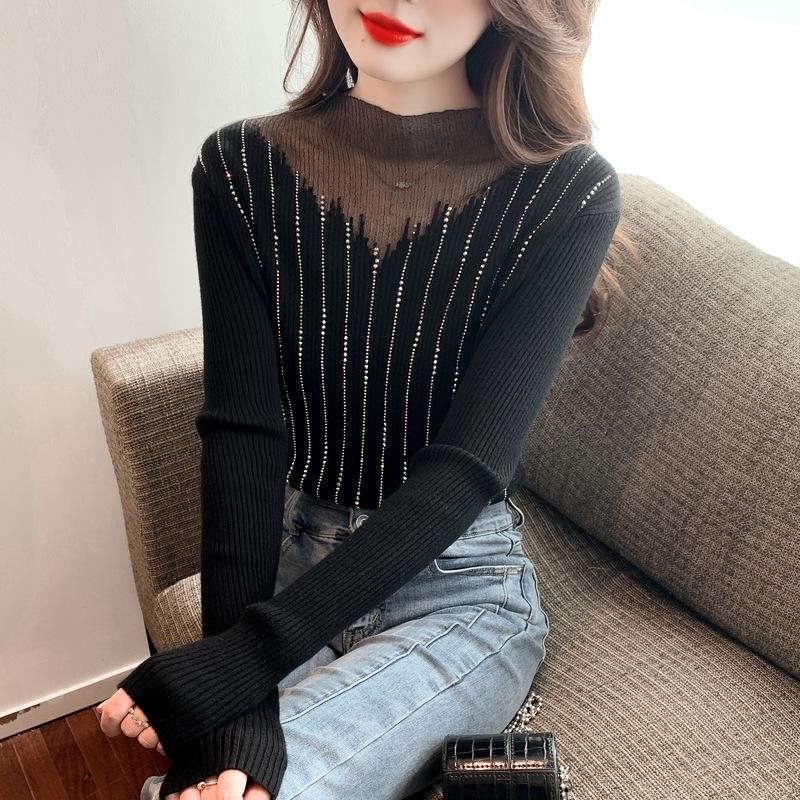 

Осенне-зимний женский трикотаж, сетчатый трикотаж Hot Diamond с полувысоким воротником, трикотажная нижняя рубашка, топы с длинными рукавами One Size чёрный