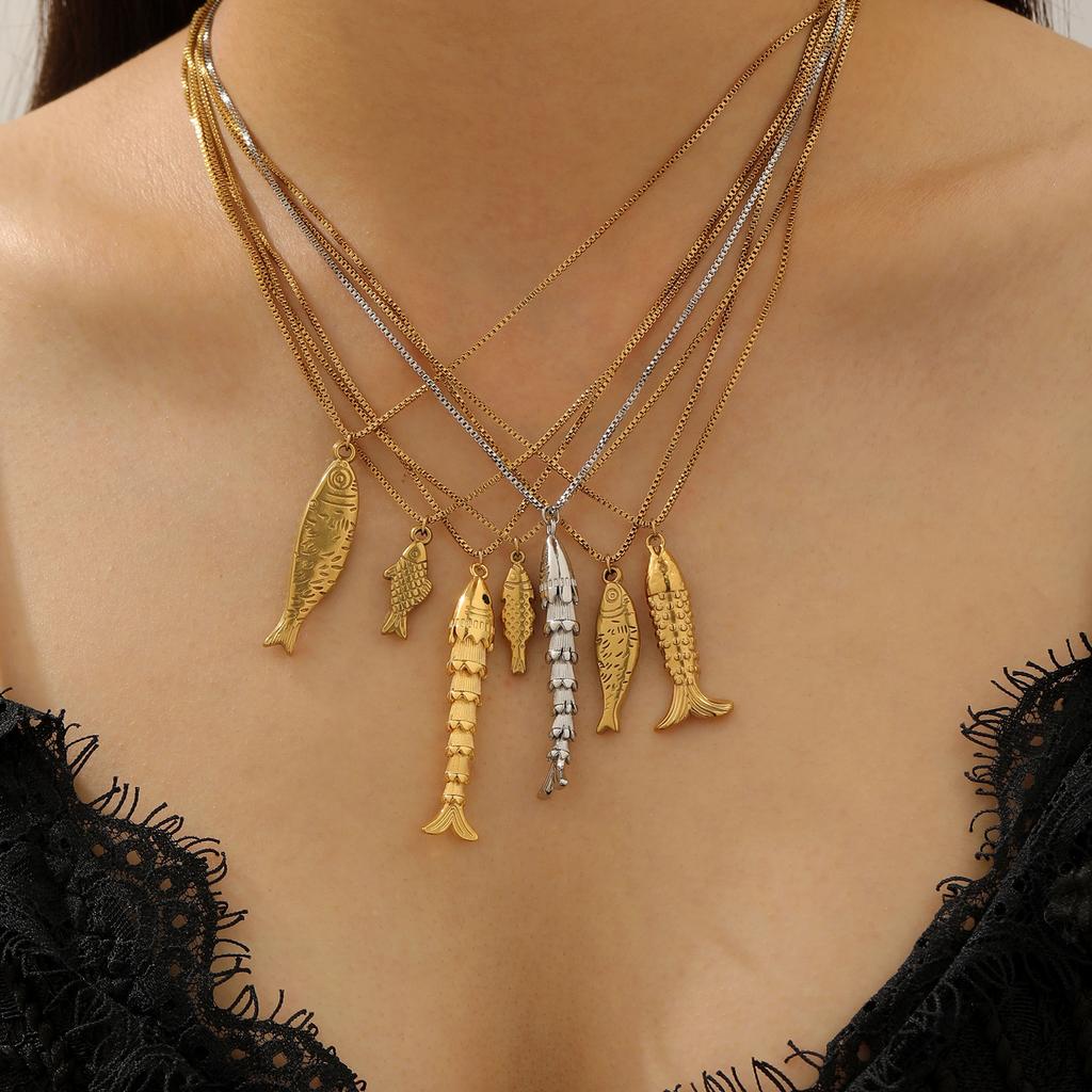 Stainless Steel Metal Fish Necklace for Men Women Gold Plated Fish Pendant Necklace Creative Ocean Beach Chain Choker Jewelry