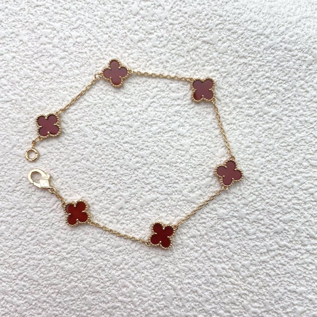 High Quality 9mm Small Six Flower Mini Four-leaf Clover Bracelet Female Natural White Mother-of-pearl Red Chalcedony Agate Bracelet