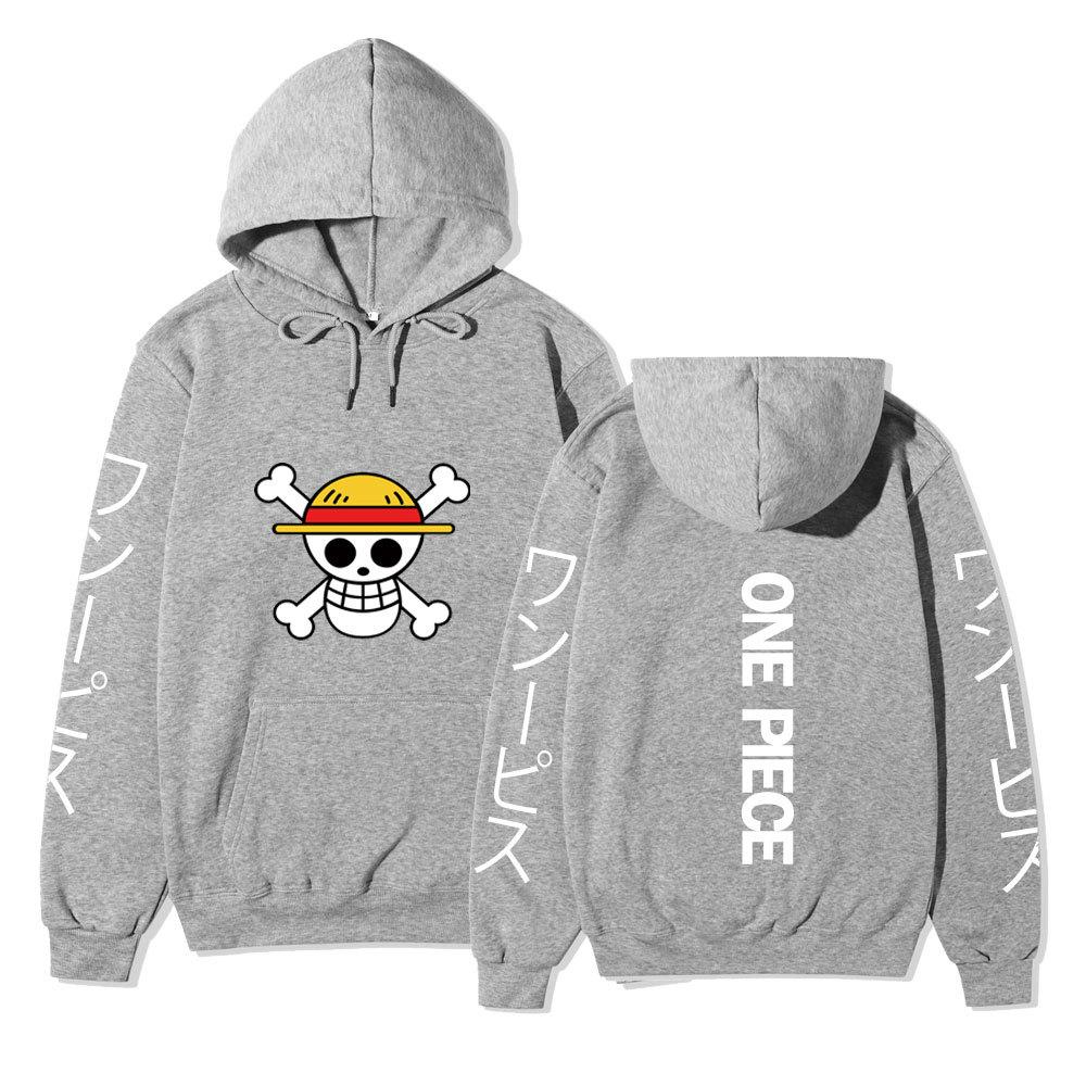 One Piece Straw Hat Jolly Roger Hoodie, Japanese Letter Sleeve Print Pullover Sweatshirt Unisex Casual Streetwear